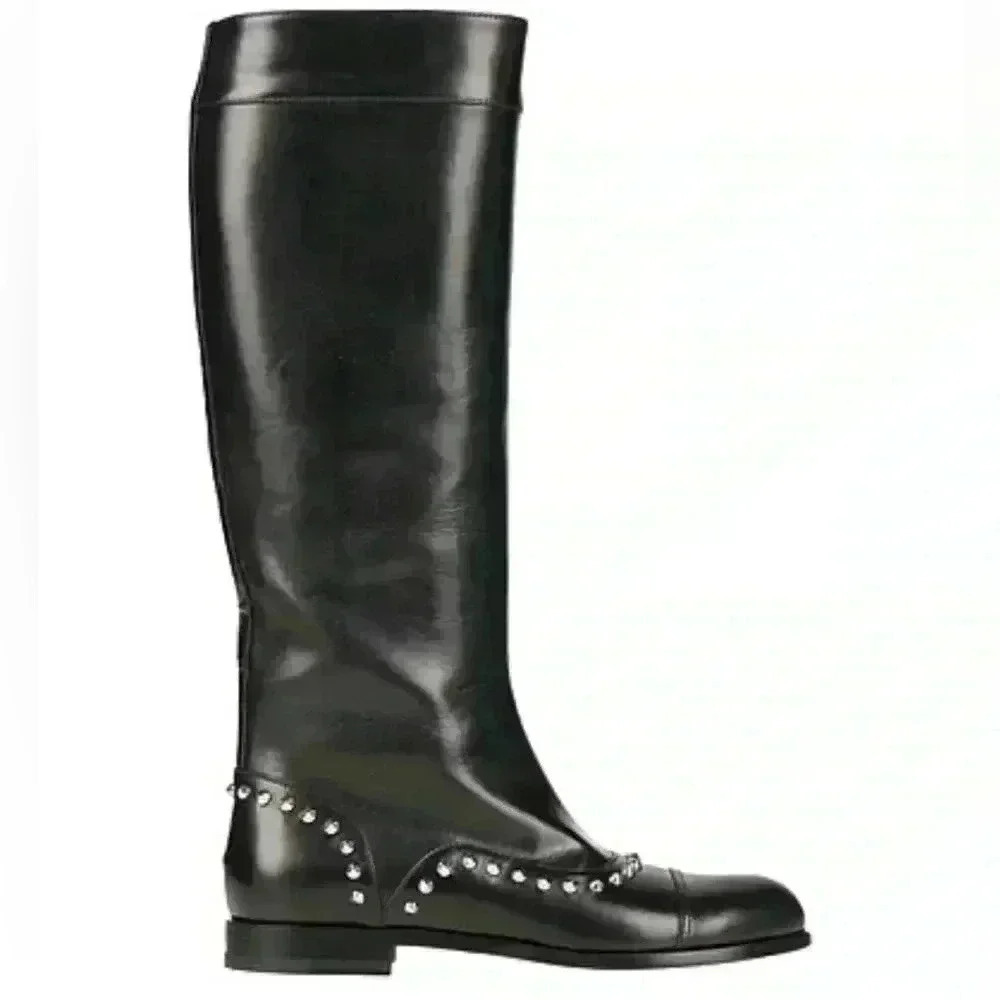 ALEXANDER McQUEEN Black Leather Metal Stud Detail Round-Toe Knee Boots 38 New*